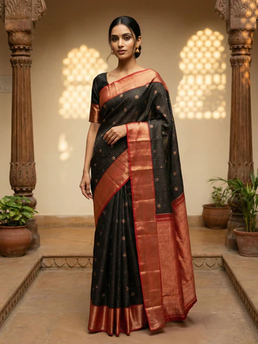 Kanjivaram Black Red Checkered Saree